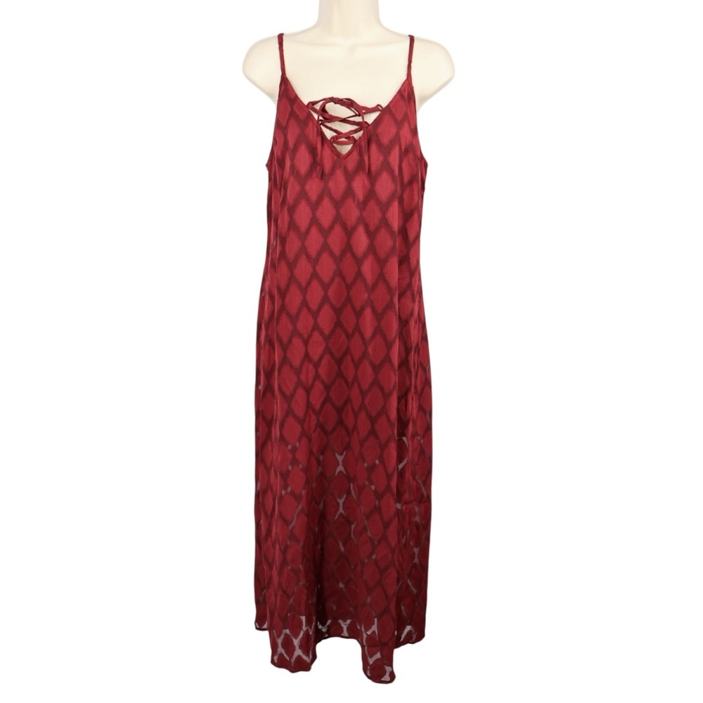 Band of the Free Merlot Burnout Lace Up Slip Midi Dress Sheer‎ Hem NWT M